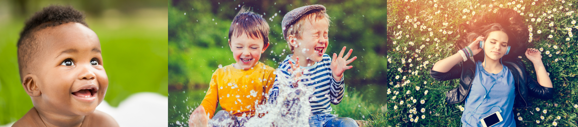 a happy child looking up, two kids splashing water, a girl listening to hear headphones on a field of grass